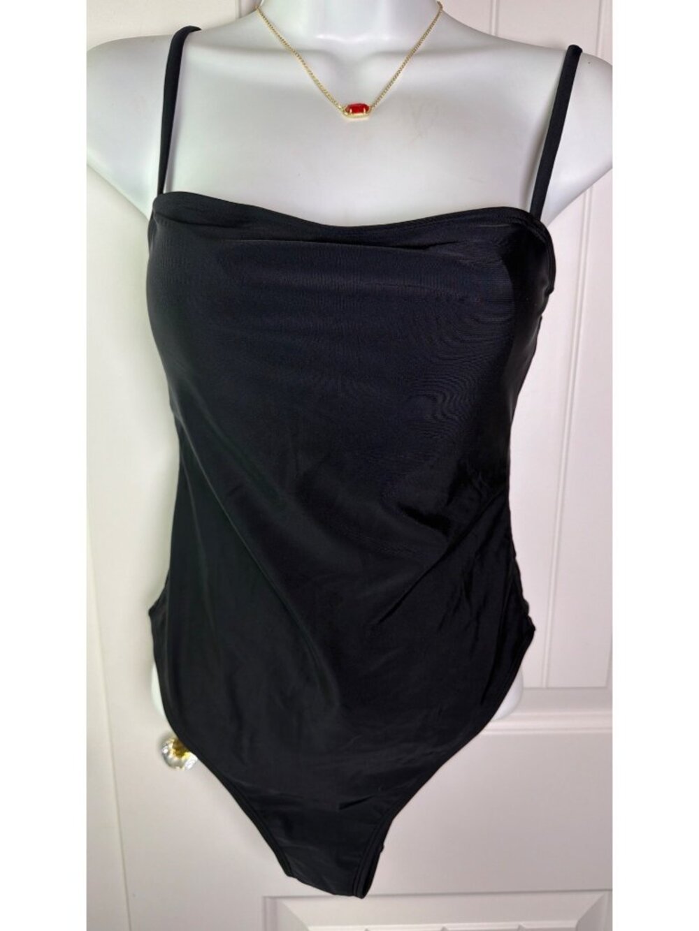 Relleciga Black One-Piece Swimsuit Adjustable Straps Gold Detail, Small, NWT